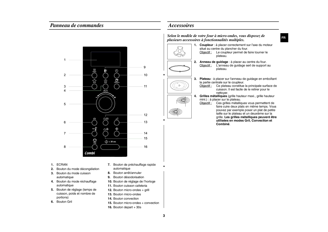 Samsung CE1000-TB/XEF, CE1000-T/XEF manual Panneau de commandes Accessoires, Ecran 