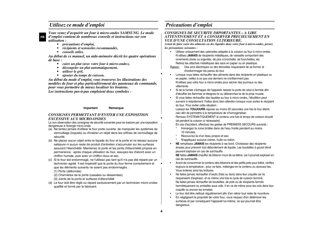 Samsung CE1000-T/XEF, CE1000-TB/XEF manual Utilisez ce mode d’emploi, Précautions d’emploi, Important Remarque 