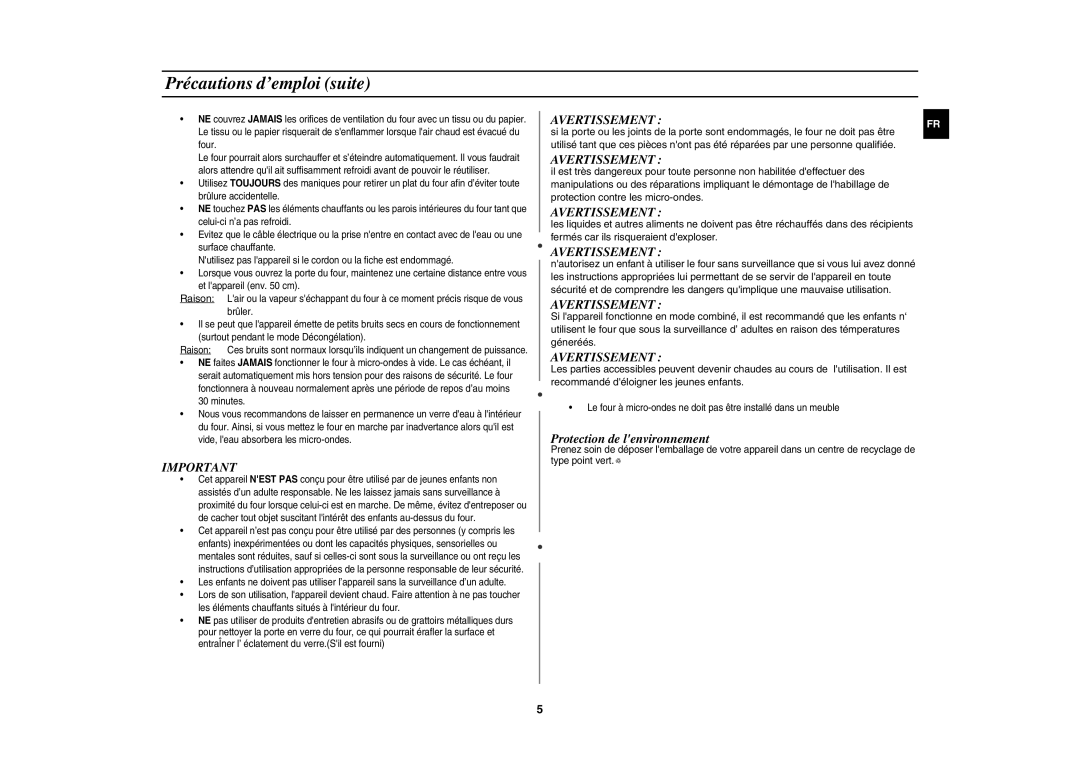 Samsung CE1000-TB/XEF, CE1000-T/XEF manual Précautions d’emploi suite, Avertissement 