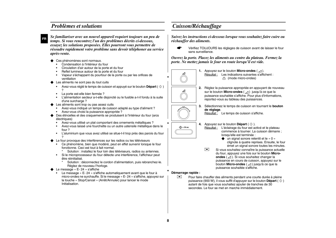 Samsung CE1000-T/XEF, CE1000-TB/XEF manual Problèmes et solutions, Cuisson/Réchauffage, Démarrage rapide 