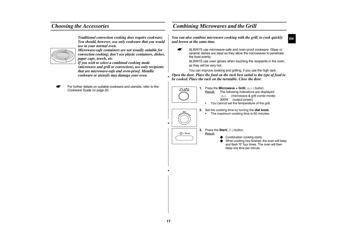 Samsung CE1000C-T/XEE manual Choosing the Accessories Combining Microwaves and the Grill, Brown at the same time 