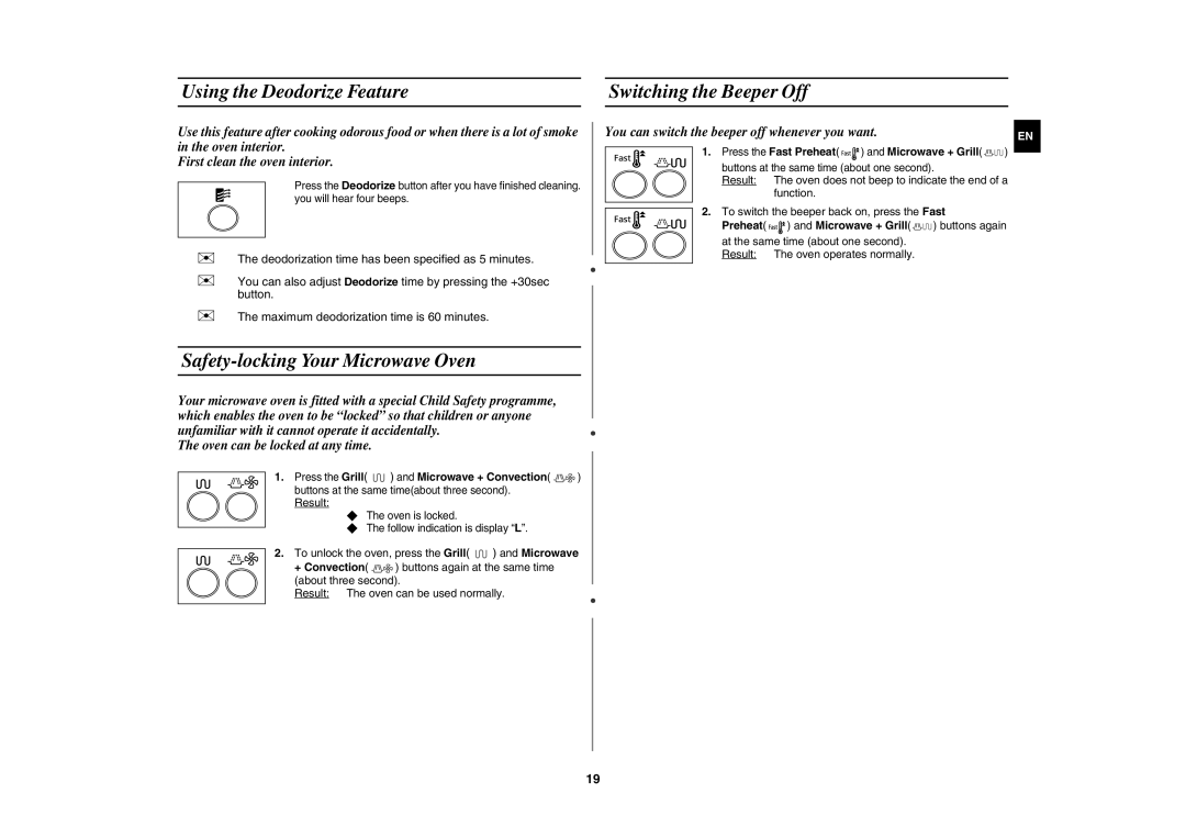 Samsung CE1000C-T/XEE manual Using the Deodorize Feature Switching the Beeper Off, Safety-locking Your Microwave Oven 