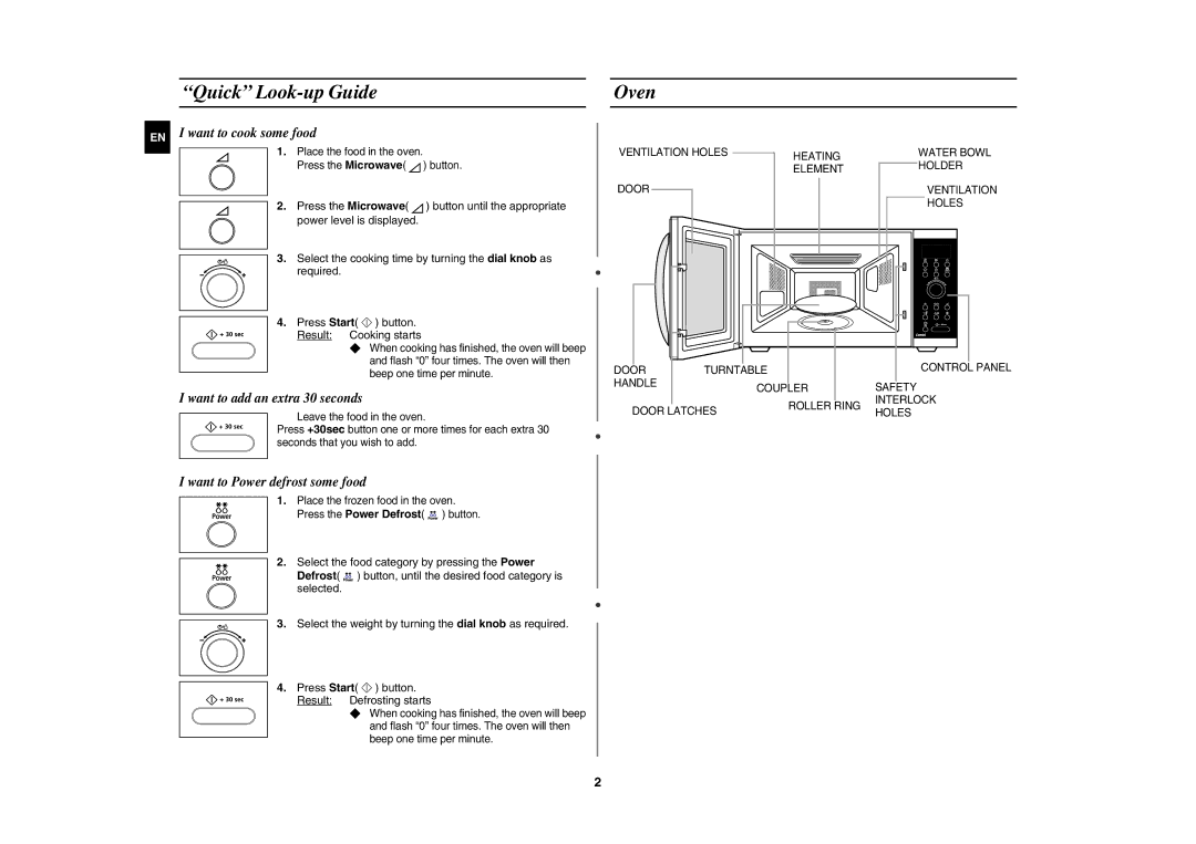 Samsung CE1000C-T/XEE Quick Look-up Guide Oven, Press the Microwave, Select the cooking time by turning the dial knob as 