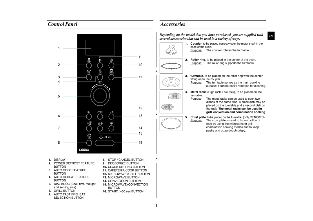 Samsung CE1000C-T/XEE Control Panel Accessories, Dial Knob Cook time, Weight and serving size, Start / +30 sec Button 