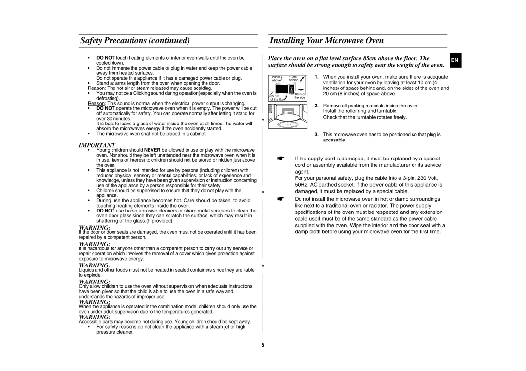 Samsung CE1000C-T/XEE manual Safety Precautions Installing Your Microwave Oven, 20 cm 8 inches of space above 