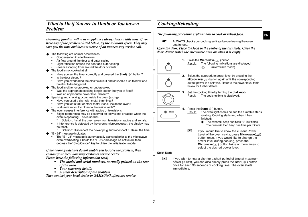 Samsung CE1000C-T/XEE manual What to Do if You are in Doubt or You have a Problem, Cooking/Reheating, Quick Start 