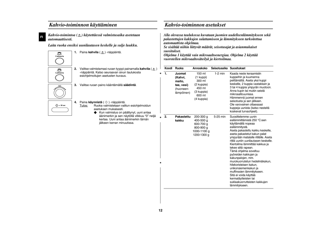 Samsung CE1000C-T/XEE manual Kahvio-toiminnon käyttäminen Kahvio-toiminnon asetukset 