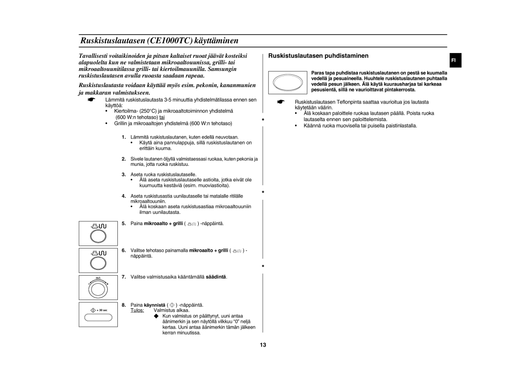 Samsung CE1000C-T/XEE manual Ruskistuslautasen CE1000TC käyttäminen, Ruskistuslautasen puhdistaminen 