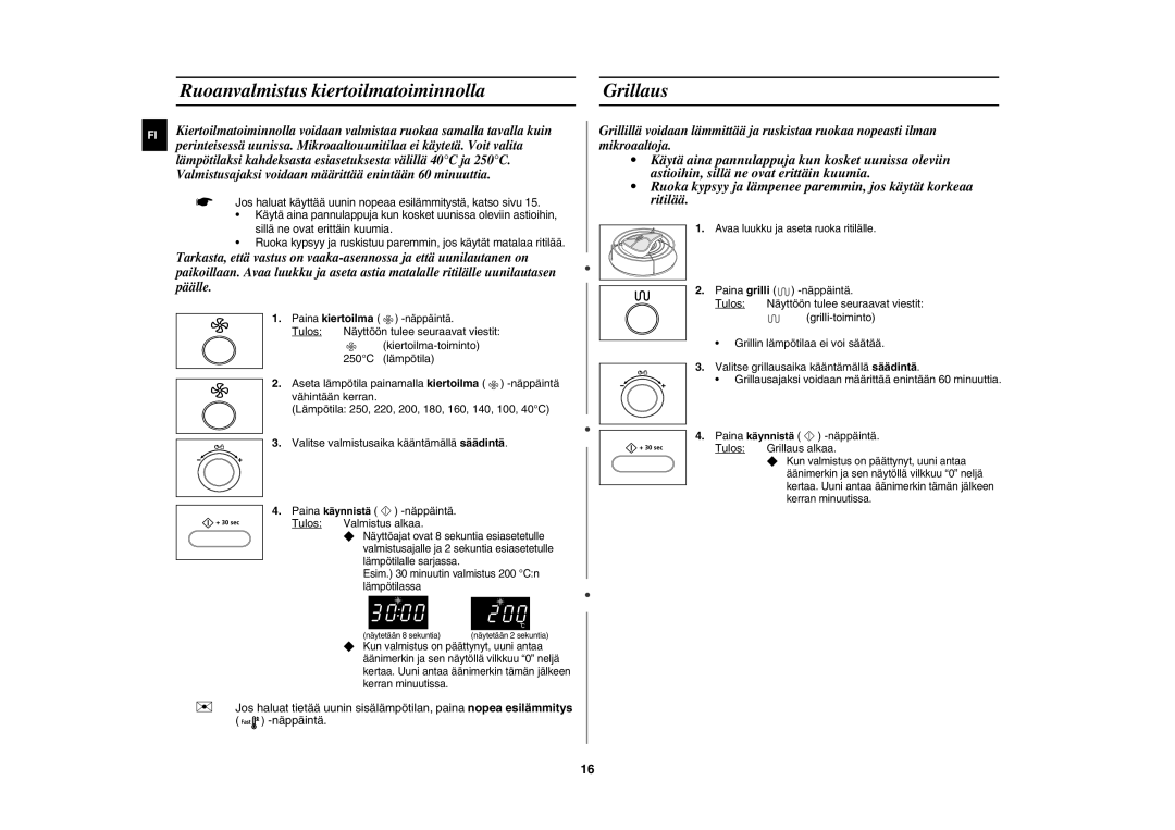 Samsung CE1000C-T/XEE manual Ruoanvalmistus kiertoilmatoiminnolla Grillaus, Paina kiertoilma, Kiertoilma-toiminto 