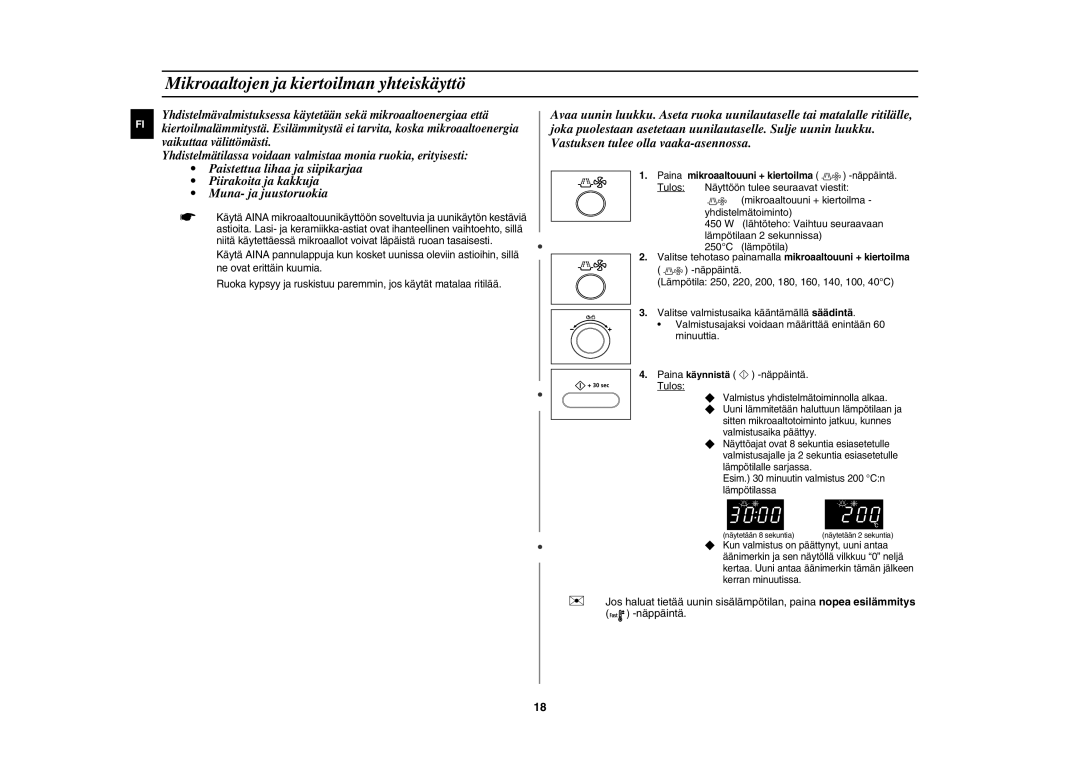 Samsung CE1000C-T/XEE manual Mikroaaltojen ja kiertoilman yhteiskäyttö, Mikroaaltouuni + kiertoilma 