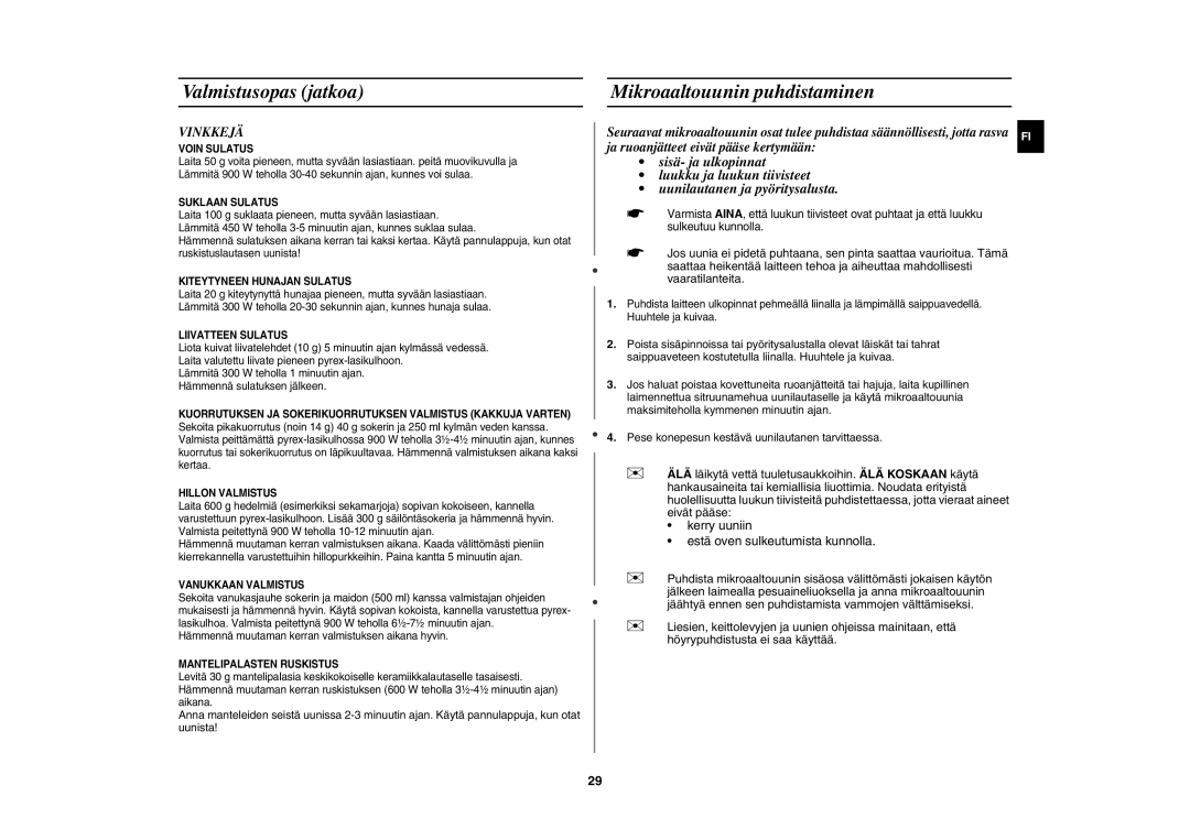 Samsung CE1000C-T/XEE manual Valmistusopas jatkoa Mikroaaltouunin puhdistaminen, Vinkkejä 