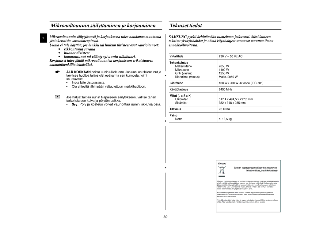 Samsung CE1000C-T/XEE manual Tekniset tiedot, Litraa 