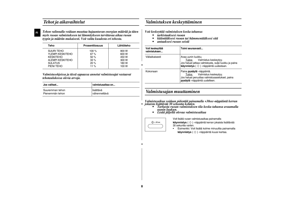 Samsung CE1000C-T/XEE manual Tehot ja aikavaihtelut Valmistuksen keskeyttäminen, Valmistusajan muuttaminen, Käynnistys 