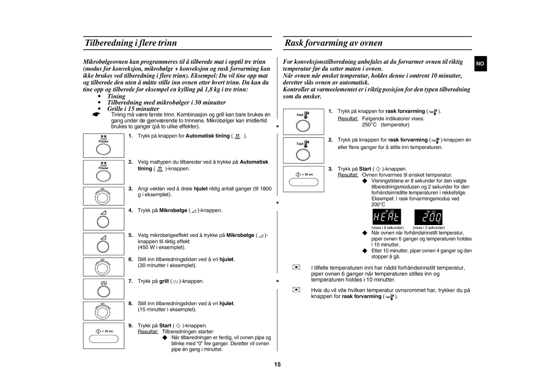 Samsung CE1000C-T/XEE manual Tilberedning i flere trinn, Rask forvarming av ovnen 