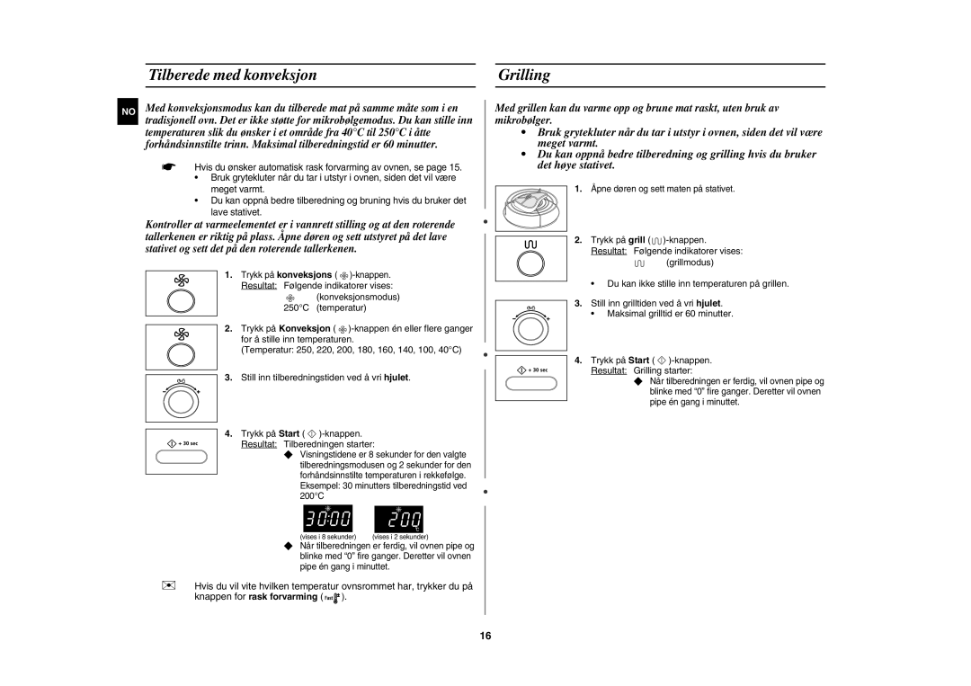 Samsung CE1000C-T/XEE manual Tilberede med konveksjon Grilling 