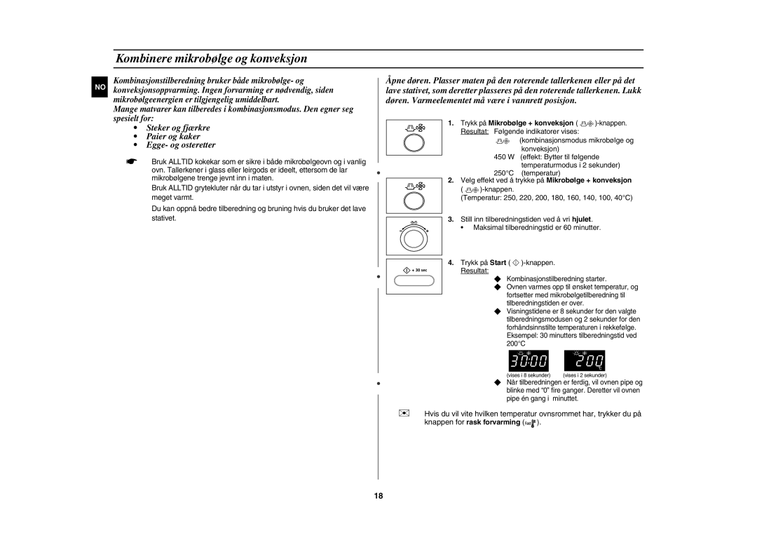 Samsung CE1000C-T/XEE manual Kombinere mikrobølge og konveksjon, Trykk på Mikrobølge + konveksjon 
