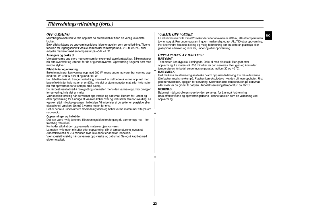 Samsung CE1000C-T/XEE manual Varme OPP Væske, Oppvarming AV Babymat 