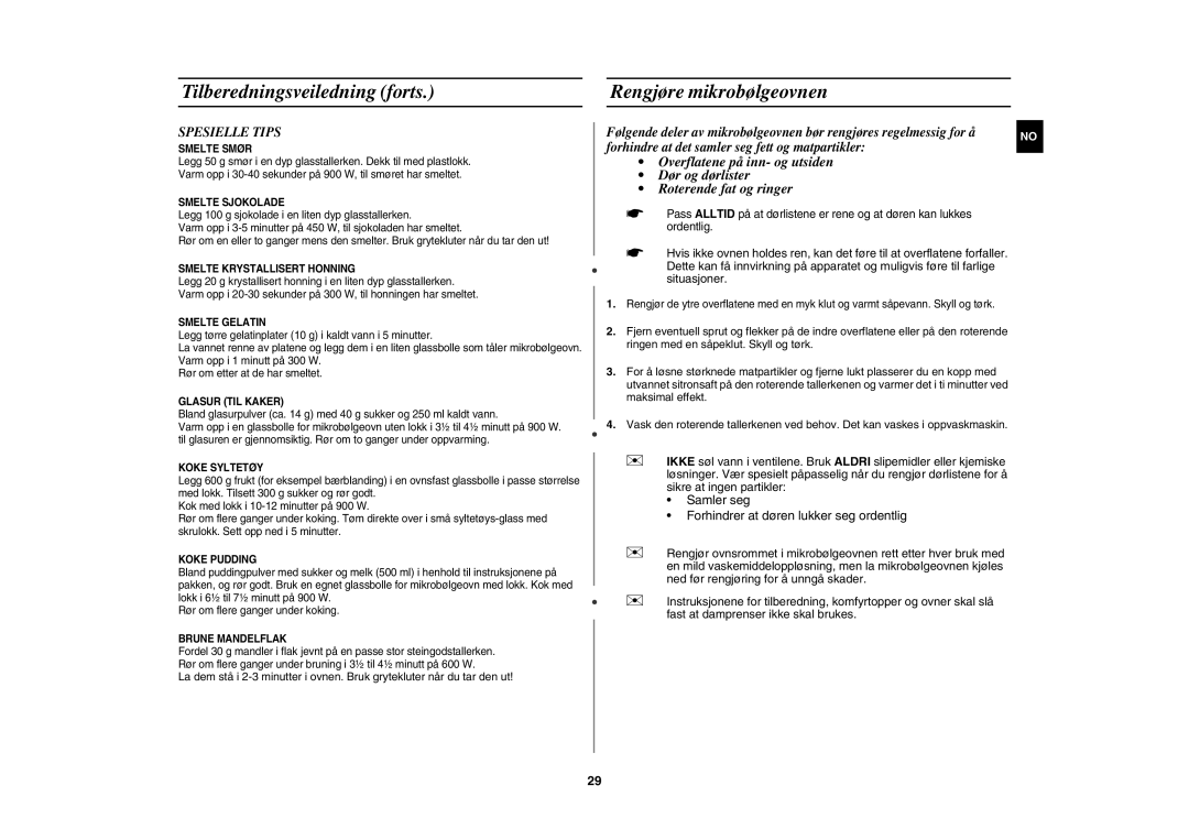 Samsung CE1000C-T/XEE manual Rengjøre mikrobølgeovnen, Spesielle Tips 