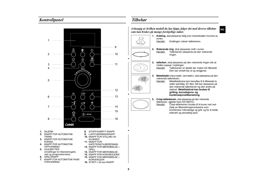 Samsung CE1000C-T/XEE manual Kontrollpanel Tilbehør, Stativet. Metallstativet kan brukes til, Grilling, konveksjons- og 