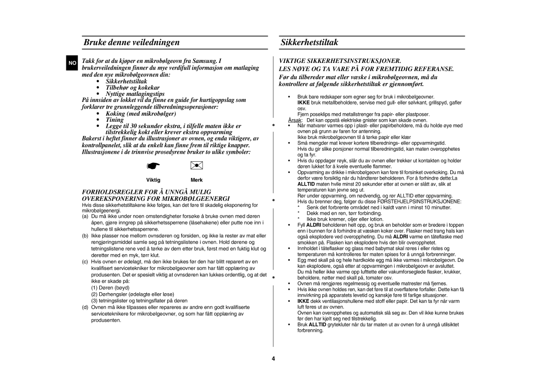 Samsung CE1000C-T/XEE manual Bruke denne veiledningen Sikkerhetstiltak, ViktigMerk 