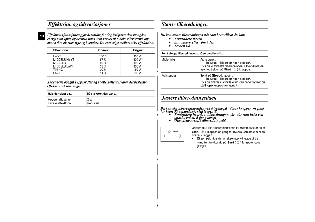 Samsung CE1000C-T/XEE manual Effekttrinn og tidsvariasjoner Stanse tilberedningen, Justere tilberedningstiden 