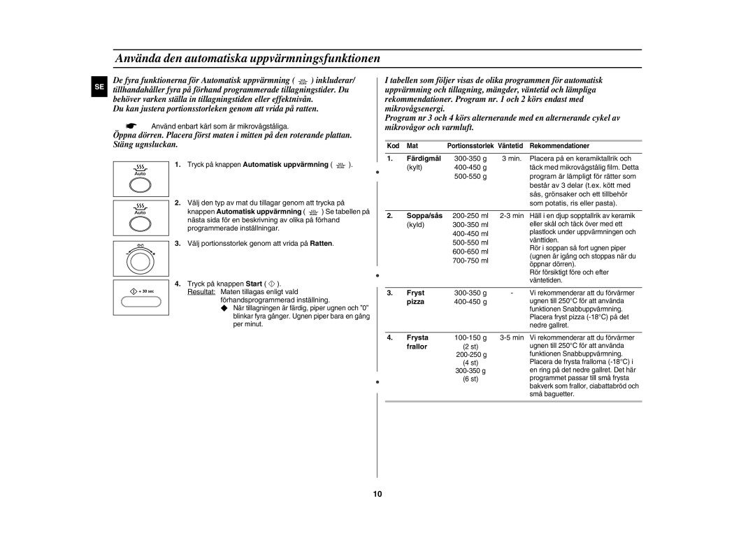 Samsung CE1000C-T/XEE manual Använda den automatiska uppvärmningsfunktionen 