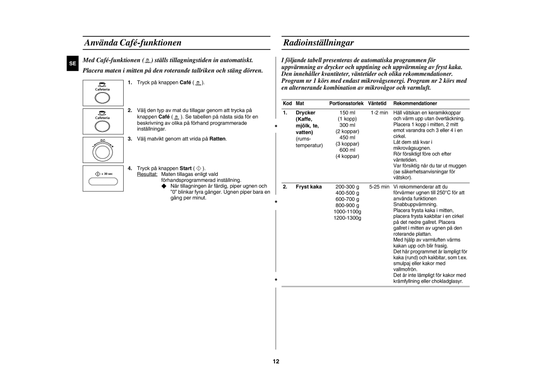 Samsung CE1000C-T/XEE manual Använda Café-funktionen Radioinställningar 