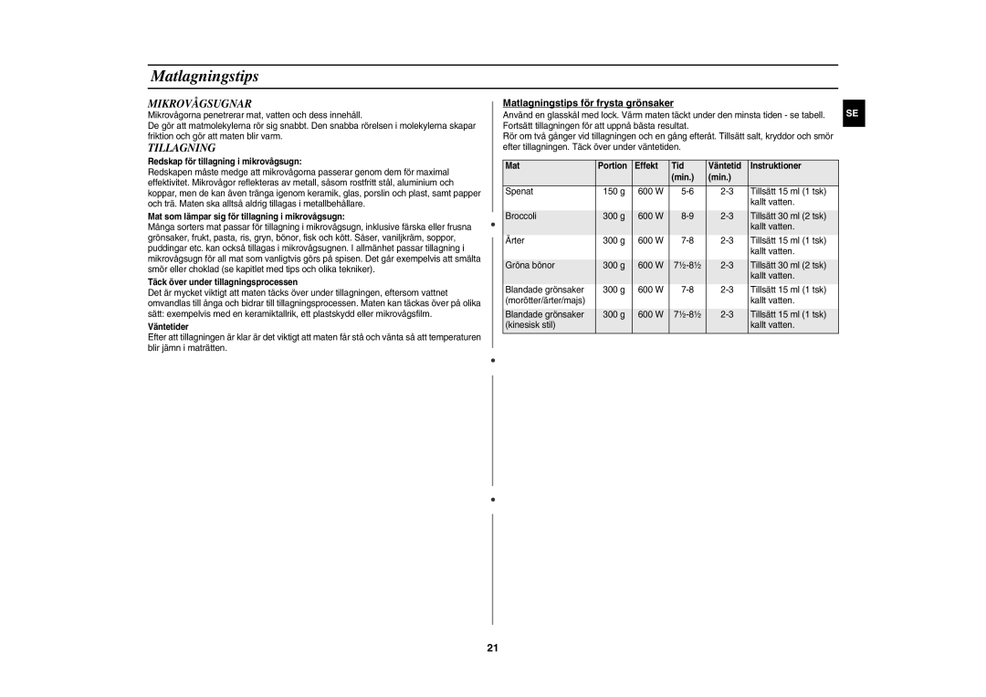 Samsung CE1000C-T/XEE manual Mikrovågsugnar, Tillagning, Matlagningstips för frysta grönsaker 