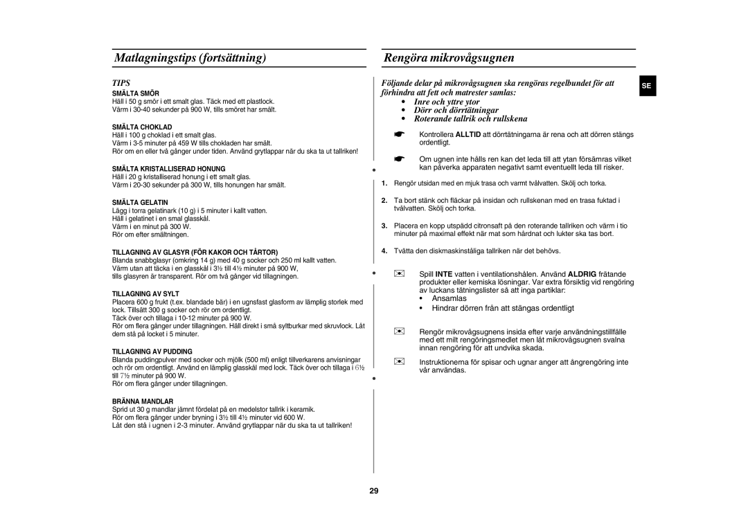 Samsung CE1000C-T/XEE manual Matlagningstips fortsättning Rengöra mikrovågsugnen, Tips 