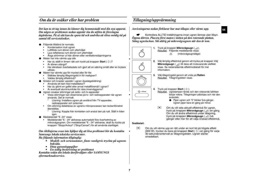 Samsung CE1000C-T/XEE manual Om du är osäker eller har problem Tillagning/uppvärmning, Snabbstart 