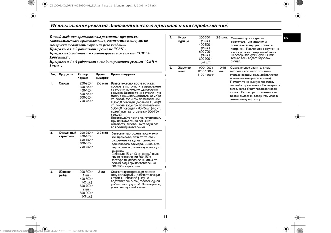 Samsung CE1000R-D/BWT manual Программы 3 и 4 работают в комбинированном режиме СВЧ +, Крышкой 