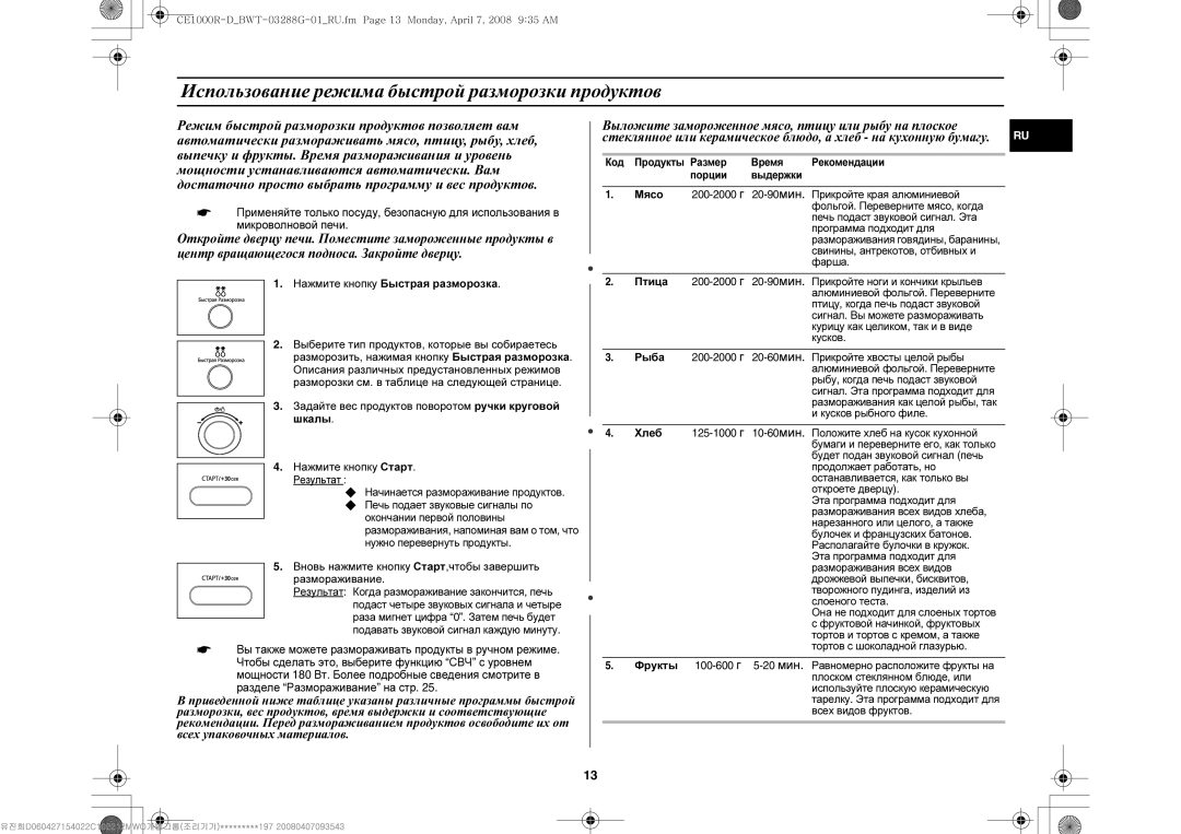 Samsung CE1000R-D/BWT manual Использование режима быстрой разморозки продуктов, Код Продукты Размер Время 