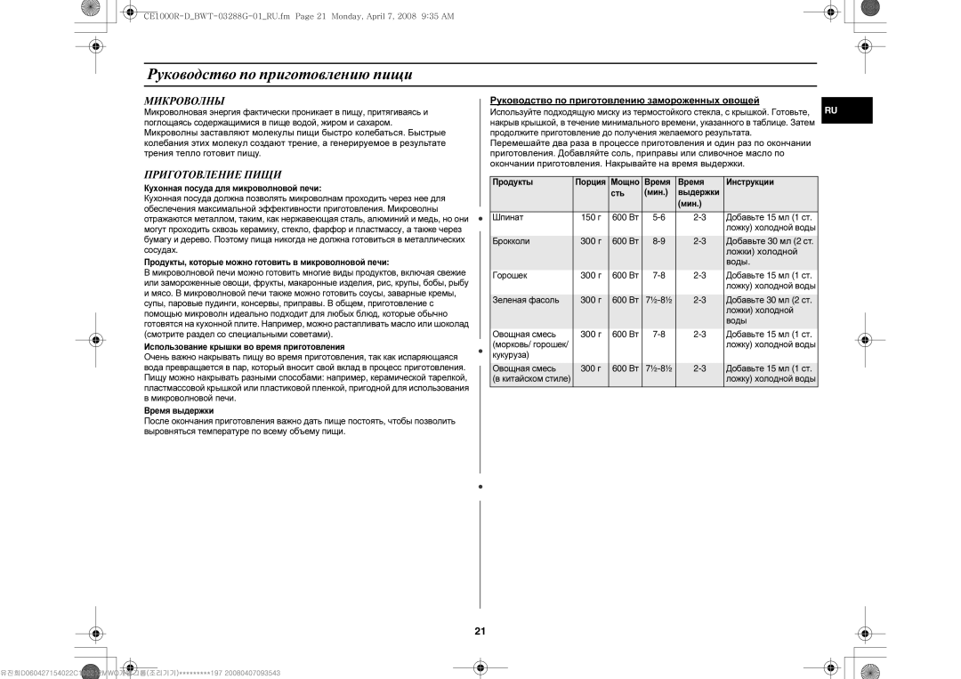 Samsung CE1000R-D/BWT manual Руководство по приготовлению пищи, Микроволны, Приготовление Пищи 