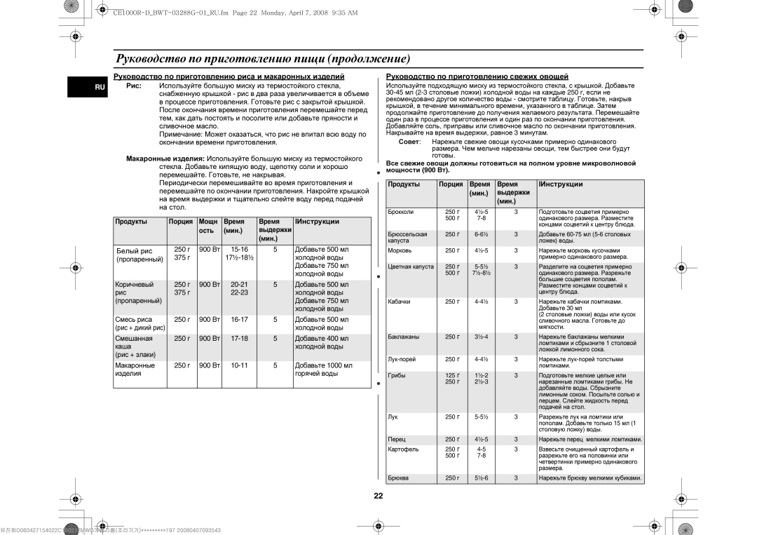 Samsung CE1000R-D/BWT manual Руководство по приготовлению пищи продолжение, IИнструкции, Белый рис 