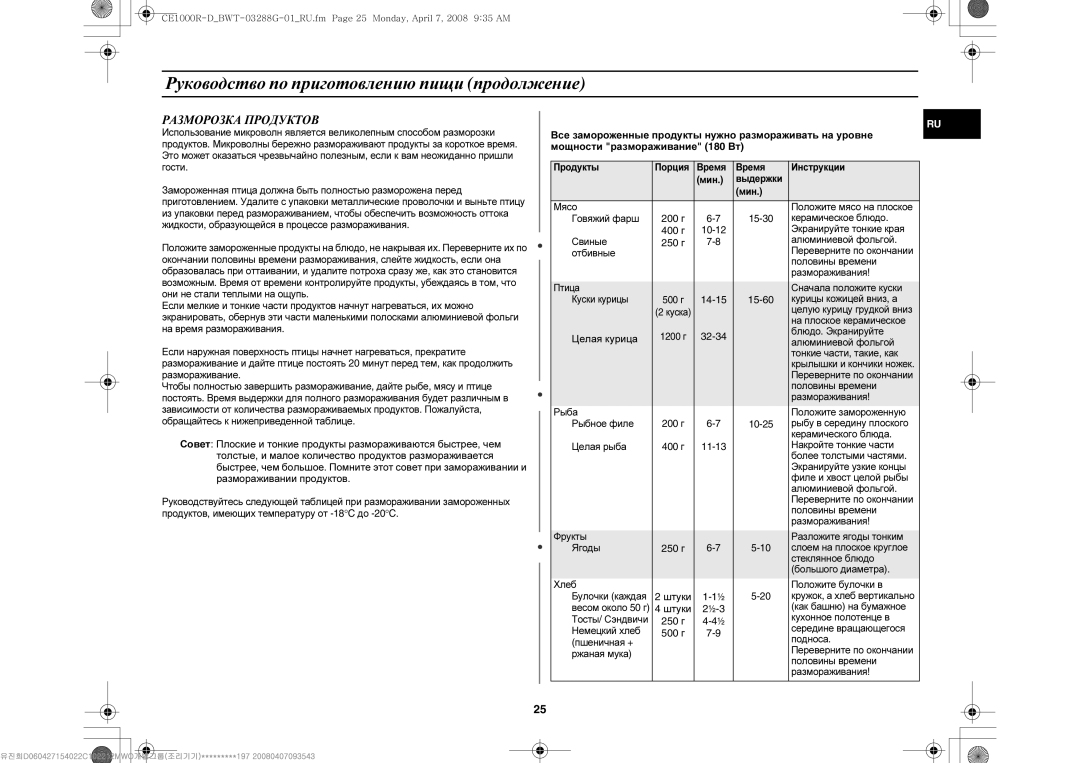 Samsung CE1000R-D/BWT manual Разморозка Продуктов, Целая курица 