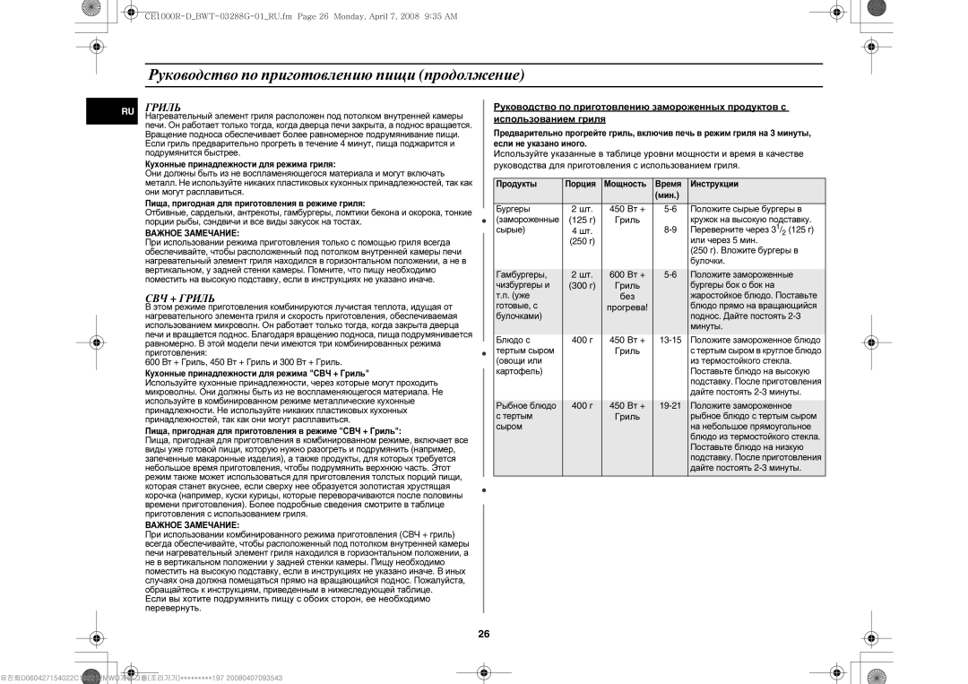 Samsung CE1000R-D/BWT manual СВЧ + Гриль, Без 