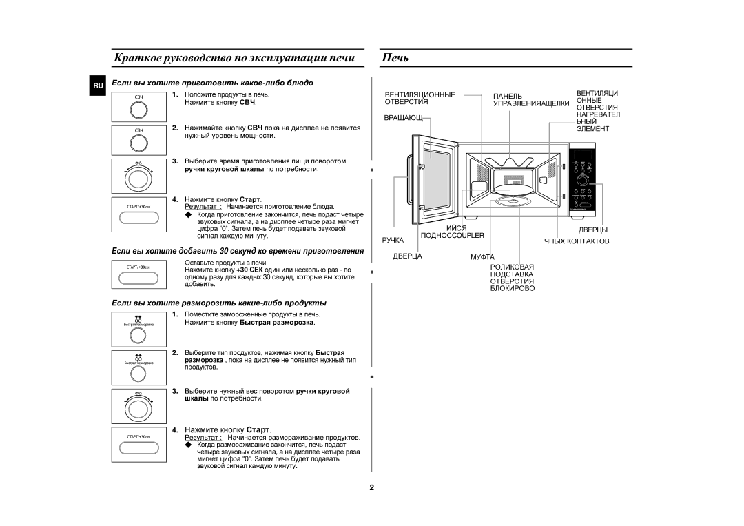 Samsung CE1000R-TD/BWT manual Краткое руководство по эксплуатации печи Печь, RU Если вы хотите приготовить какое-либо блюдо 