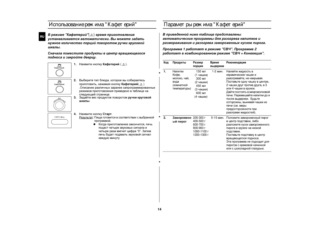 Samsung CE1000R-T/BWT, CE1000R/BWT manual Использование режима Кафетерий, Параметры режима Кафетерий, Чашка, Чашки, Ый пирог 