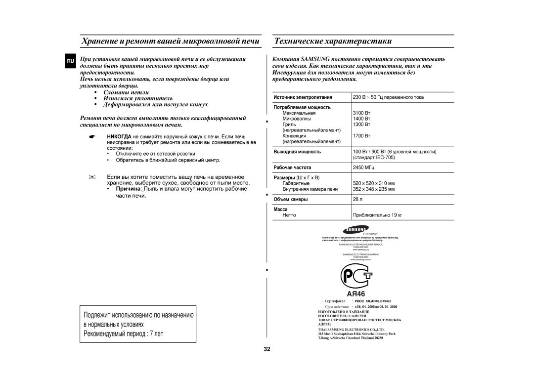 Samsung CE1000R-T/BWT, CE1000R/BWT, CE1000R-TS/BWT Технические характеристики, Хранение и ремонт вашей микроволновой печи 