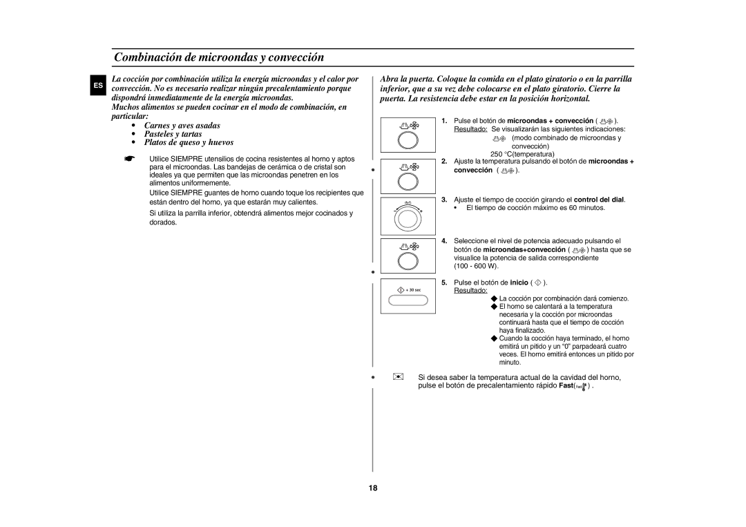 Samsung CE1000/XEC manual Combinación de microondas y convección, Convección, 100 600 W Pulse el botón de inicio Resultado 