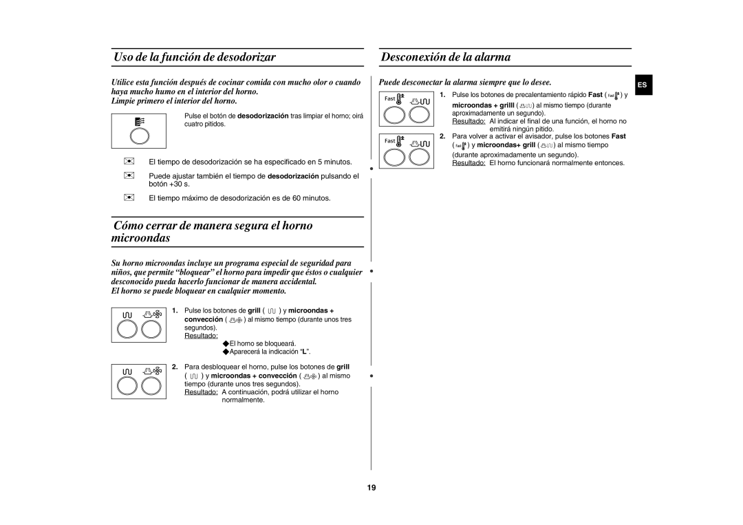 Samsung CE1000/XEC manual Uso de la función de desodorizar Desconexión de la alarma 