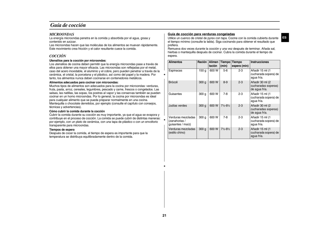 Samsung CE1000/XEC manual Microondas, Cocción, Guía de cocción para verduras congeladas 