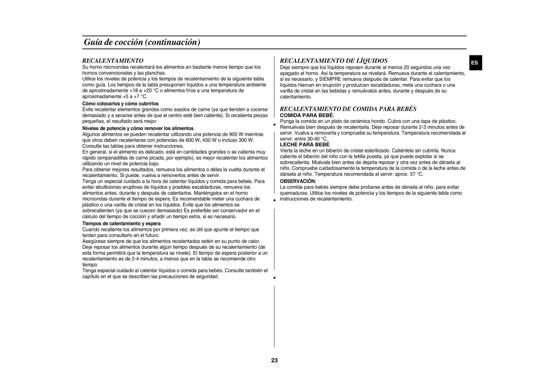 Samsung CE1000/XEC manual Recalentamiento DE Líquidos, Recalentamiento DE Comida Para Bebés, Observación 