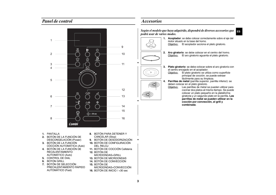 Samsung CE1000/XEC manual Panel de control Accesorios, Botón DE Cocción Cafeteria, Botón DE Inicio / +30 sec 