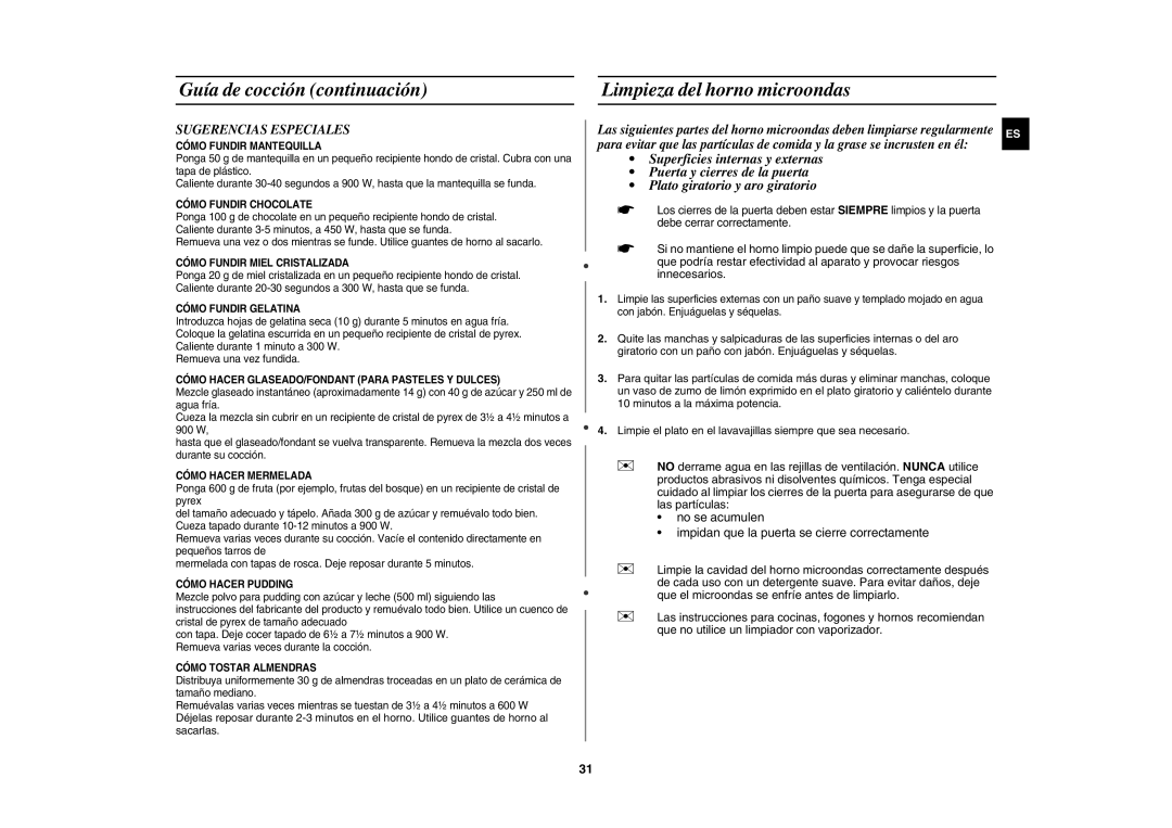 Samsung CE1000/XEC manual Guía de cocción continuación Limpieza del horno microondas, Sugerencias Especiales 