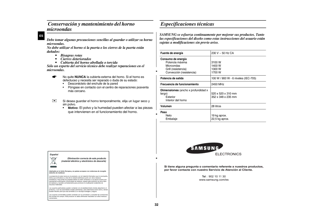 Samsung CE1000/XEC manual Conservación y mantenimiento del horno microondas, Especificaciones técnicas 