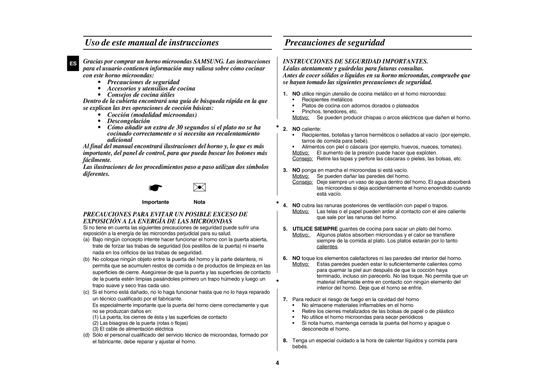 Samsung CE1000/XEC manual  , Importante Nota 