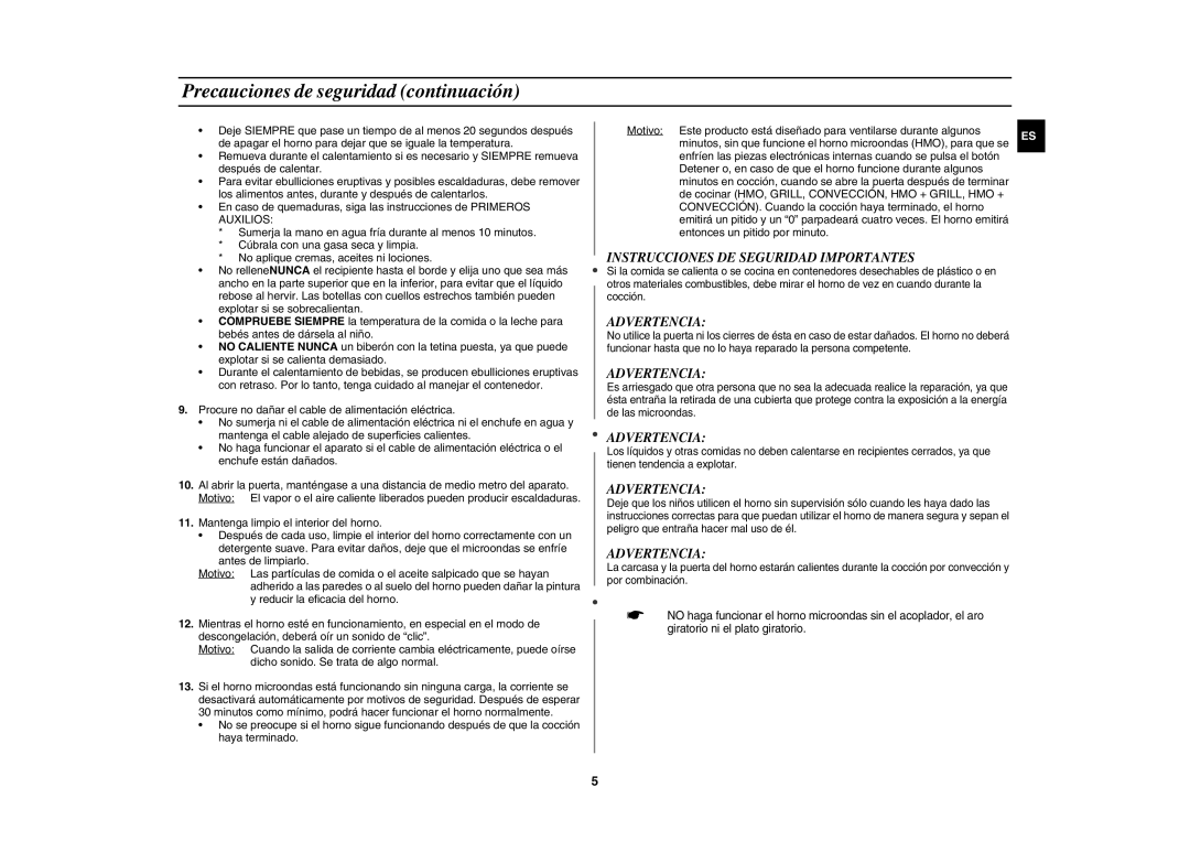 Samsung CE1000/XEC manual Precauciones de seguridad continuación, Instrucciones DE Seguridad Importantes, Advertencia 