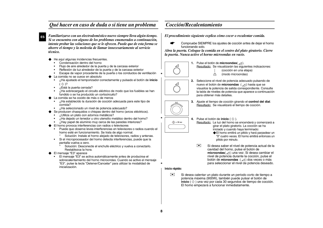 Samsung CE1000/XEC manual Cocción/Recalentamiento, Pulse el botón de microondas, Inicio rápido 