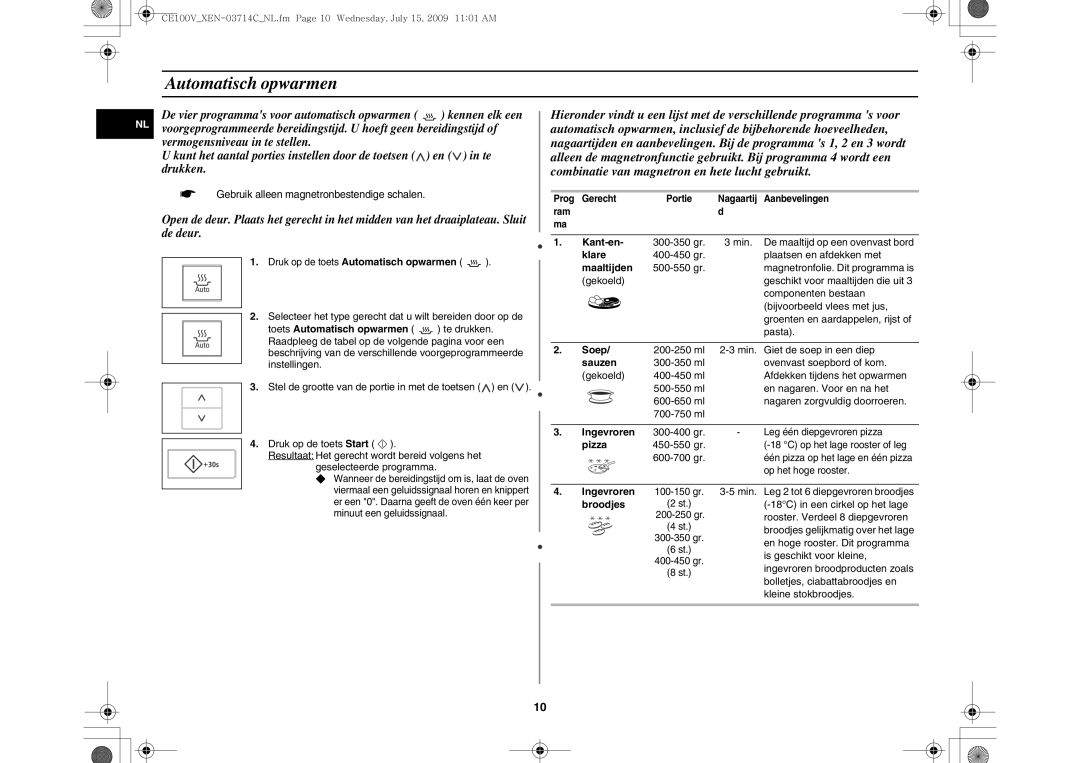 Samsung CE100V-S/XEN manual Automatisch opwarmen 